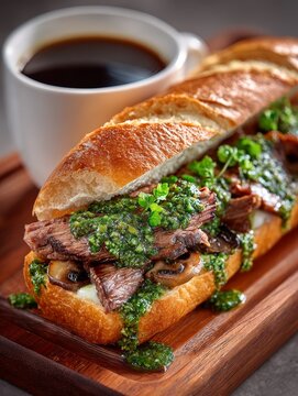 Prime rib sandwich baguette juicy beef chimichurri onions mushrooms jus rustic board Mediterranean cafe warm light shallow depth minimal premium menu gourmet food concept