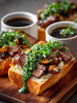 Prime rib sandwich baguette juicy beef chimichurri onions mushrooms jus rustic board Mediterranean cafe warm light shallow depth minimal premium menu gourmet food concept