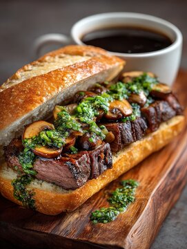 Prime rib sandwich baguette juicy beef chimichurri onions mushrooms jus rustic board Mediterranean cafe warm light shallow depth minimal premium menu gourmet food concept