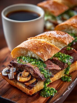 Prime rib sandwich baguette juicy beef chimichurri onions mushrooms jus rustic board Mediterranean cafe warm light shallow depth minimal premium menu gourmet food concept