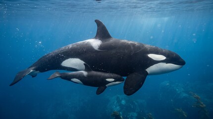 Fototapeta premium Protective mother orca swimming closely beside her young calf in the open ocean.