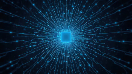 Fototapeta premium Machine learning concept with glowing neural network pathway and central processor