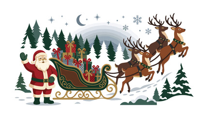 Fototapeta premium Santa Claus waving next to sleigh loaded with gift boxes and flying reindeer herd