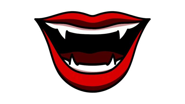 Cartoon vampire mouth with sharp fangs and red lips isolated on white background