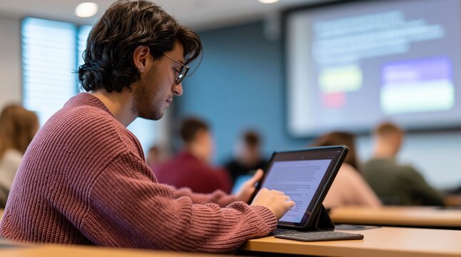 Student using a digital tablet for learning in a university classroom during an academic lecture with young peers