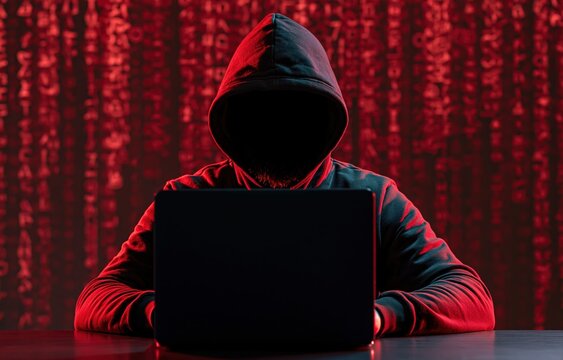 Hacker in a hoodie working on a computer with cyber security binary code data for digital privacy and internet crime