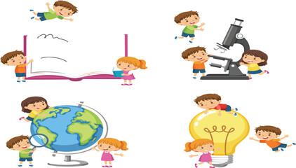 Naklejka premium Kids education illustration featuring children reading books, exploring geography, studying science with microscope and discovering creative ideas through learning