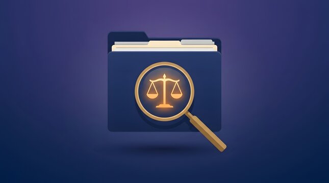 Legal justice scales icon inside magnifying glass over file folder