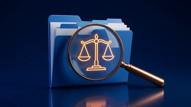 Scales of justice symbol magnified over blue file folder