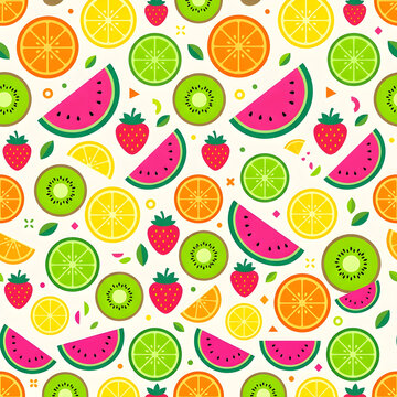 Fun seamless pattern with colorful fruit slices, citrus, watermelon, kiwi and strawberries, modern geometric graphic style, clean vector design, no text