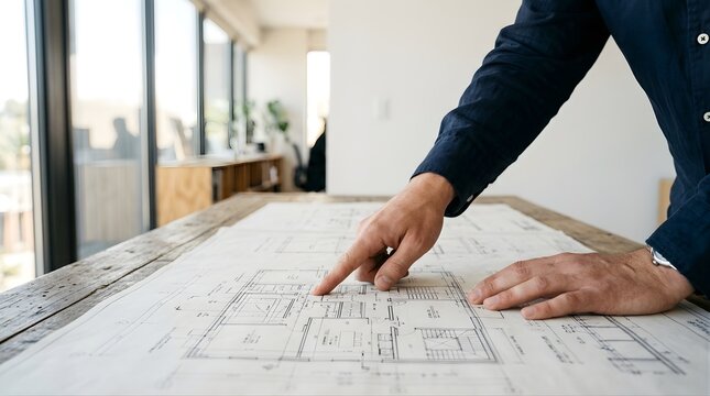 Architect pointing at house blueprint on a wooden table in modern office