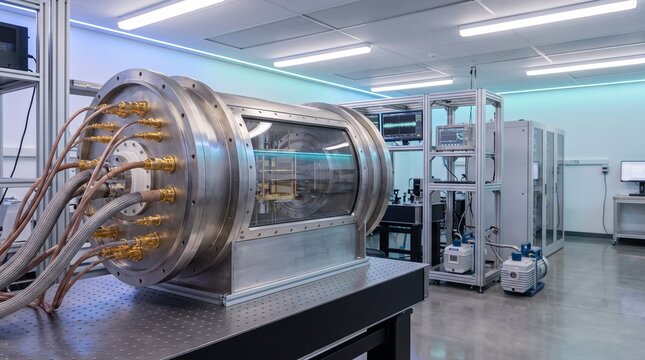 Advanced quantum computer cryostat chamber with wires in modern high-tech research laboratory.
