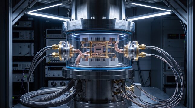 Advanced quantum computer cryostat chamber operating inside a modern physics research laboratory.