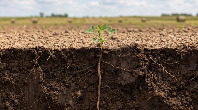 Deep taproot growth of alfalfa seedling in soil profile