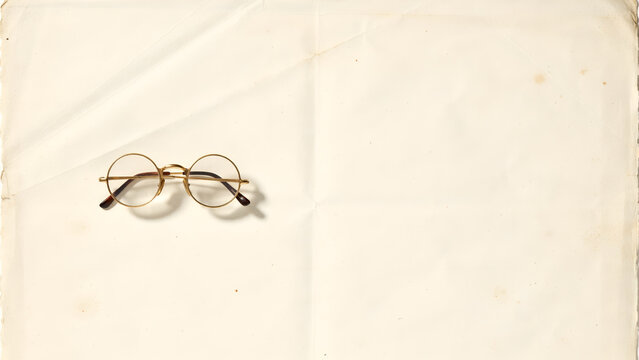 Vintage round goldrimmed glasses resting on a textured offwhite paper background