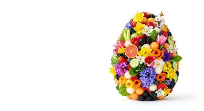 A colorful Easter egg made of fruits and flowers on a white background.
