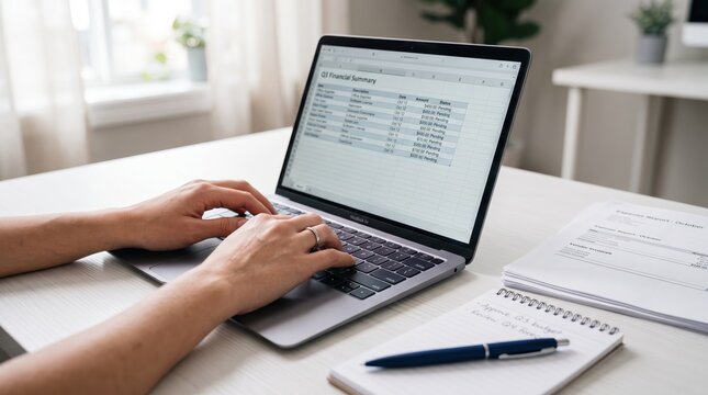 Hands working on laptop displaying Q3 financial summary spreadsheet, accounting and bookkeeping task, business report analysis, calculating expenses and budget planning