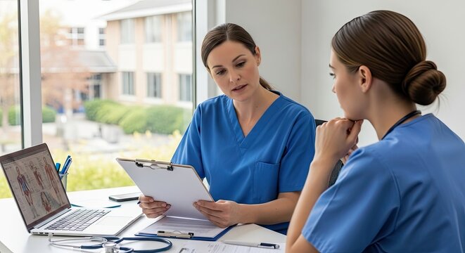 Two nurses are sitting at a desk, reviewing a medical chart on a laptop. One nurse is explaining something to the other, who is listening intently.