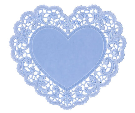 Pale blue heart-shaped lace doily with ornate floral border
