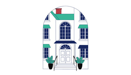 Fototapeta premium Charming illustration of a detached house with arched entryway, green accents, and potted plants.