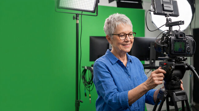 smiling active senior woman with gray hair operating professional video camera on tripod in modern green screen recording studio setting for creative media production and filmmaking work.