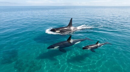 Naklejka premium Three orcas traveling together through clear ocean water in a natural staggered formation.