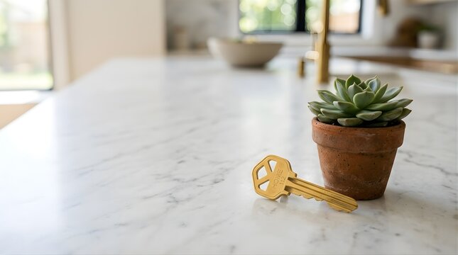Gold metal house key beside small succulent plant on marble countertop