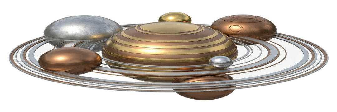 Metallic spheres arranged in orbital rings with gold and silver finishes isolated on a transparent background