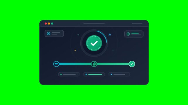 Animated data processing dashboard with checkmark icon. Digital progress bar interface on green screen. Software installation and system update UI.