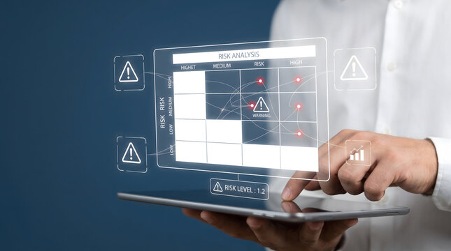 Digital risk analysis dashboard featuring risk matrix evaluation, warning indicators, and business decision analytics visualization