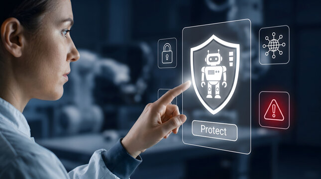 Artificial intelligence robot security protection concept showing shield defense, cyber safety monitoring, and network protection system