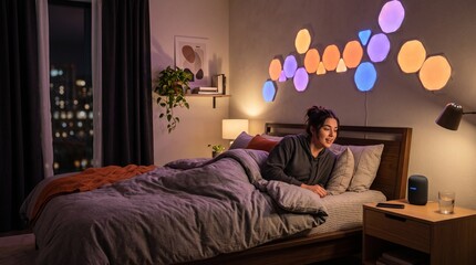 Fototapeta premium Smart Bedroom Ambiance: A woman relaxes in her bed, illuminated by colorful, ambient smart lights adorning the wall, creating a cozy and modern atmosphere in the bedroom.
