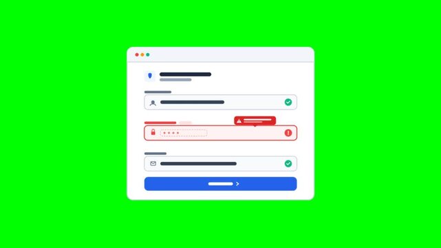 Animated login form with password error message, user authentication interface on green screen, web security failure animation