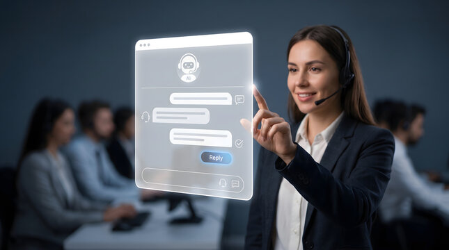 AI-powered customer support interface with virtual assistant chat window and communication technology concept
