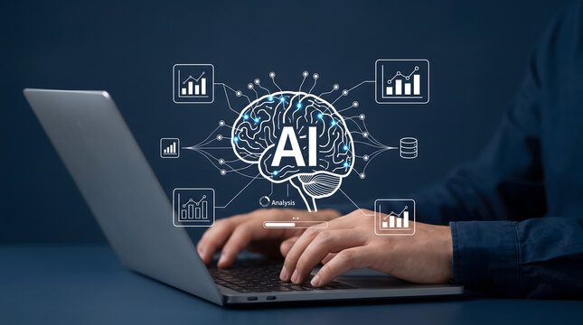 AI data visualization concept with neural network analysis, graphs, and intelligent analytics dashboard