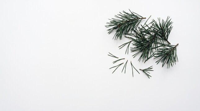 Pine Needles on White: Delicate pine needles are artfully scattered across a clean white surface, evoking a sense of winter simplicity and natural elegance.