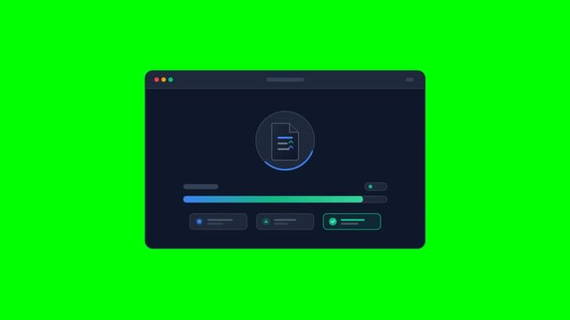 Digital file upload progress bar on green screen, software installation interface with loading status, data transfer animation