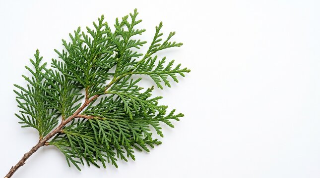 Cedar Branch on White: A fresh sprig of cedar, with its characteristic scale-like leaves, lies against a stark white backdrop, highlighting its natural texture and vibrant green hue.