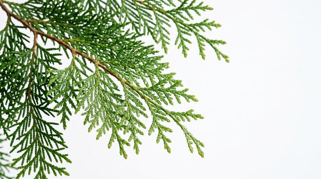 Green Cedar Branch: A close-up of a lush green cedar branch with intricate foliage against a clean, light backdrop, showcasing the delicate texture of nature.