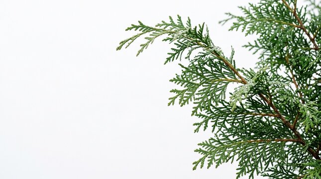 Evergreen Pine Branch Detail: A close-up shot focuses on the delicate needles and textured bark of an evergreen pine branch, showcasing the intricate beauty of nature against a clean backdrop.