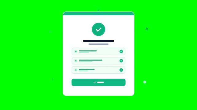 Animated online form with checkmark icon, digital survey interface on green screen, successful registration or application completion