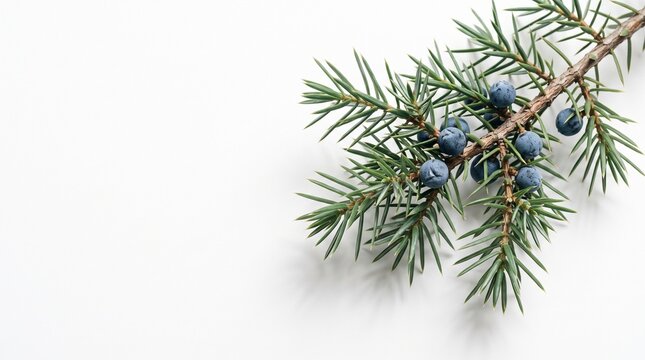 Juniper Branch with Berries: A close-up shot of a juniper branch, adorned with deep blue berries and its characteristic needle-like leaves, rests against a clean, soft background.