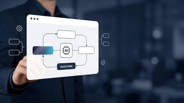 AI task automation workflow interface with connected processes, smart operations, and digital productivity tools