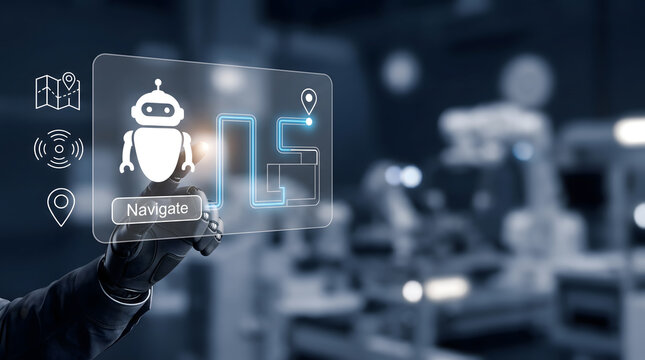Autonomous robot navigation system concept with digital route mapping, sensors, and intelligent mobility control