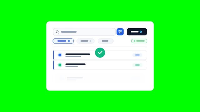 Minimalist digital dashboard animation on green screen, clean user interface search bar, modern web browser application window