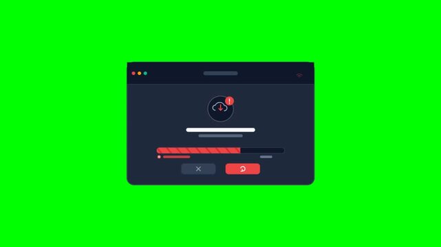 Digital download progress bar on dark browser window. Software update interface with red loading status. Data transfer animation on green screen.