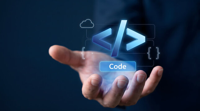Minimal digital coding concept featuring code symbols, cloud connection, and futuristic software development interface