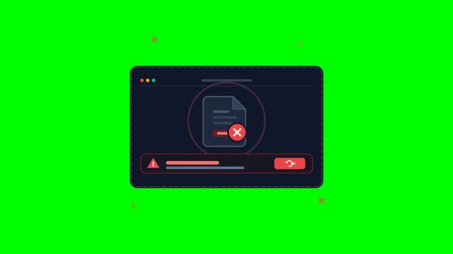 Digital error message animation on green screen, system failure notification window, flat style data processing problem icon