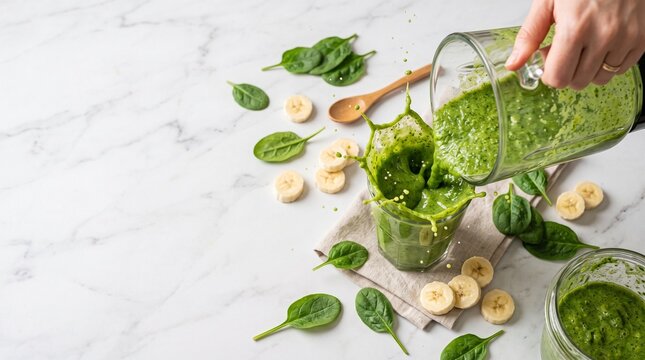 Vibrant Green Smoothie Splash: A refreshing green smoothie, made with spinach and banana, is poured into a glass, creating a dynamic splash. Surrounded by fresh ingredients.