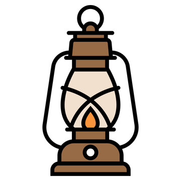 Vector vintage oil lamp icon with burning flame inside a glass globe